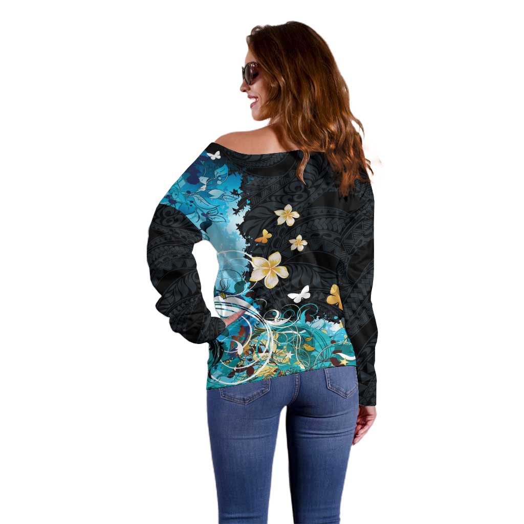Blue Grunge Polynesian Pattern Off Shoulder Sweater Plumeria Floral