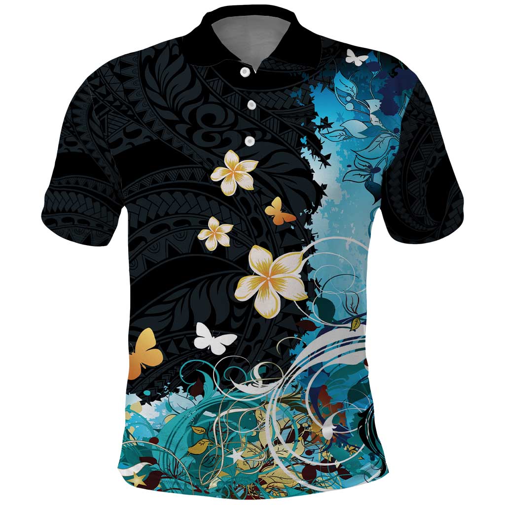 Blue Grunge Polynesian Pattern Polo Shirt Plumeria Floral