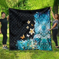 Blue Grunge Polynesian Pattern Quilt Plumeria Floral