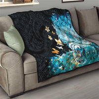 Blue Grunge Polynesian Pattern Quilt Plumeria Floral