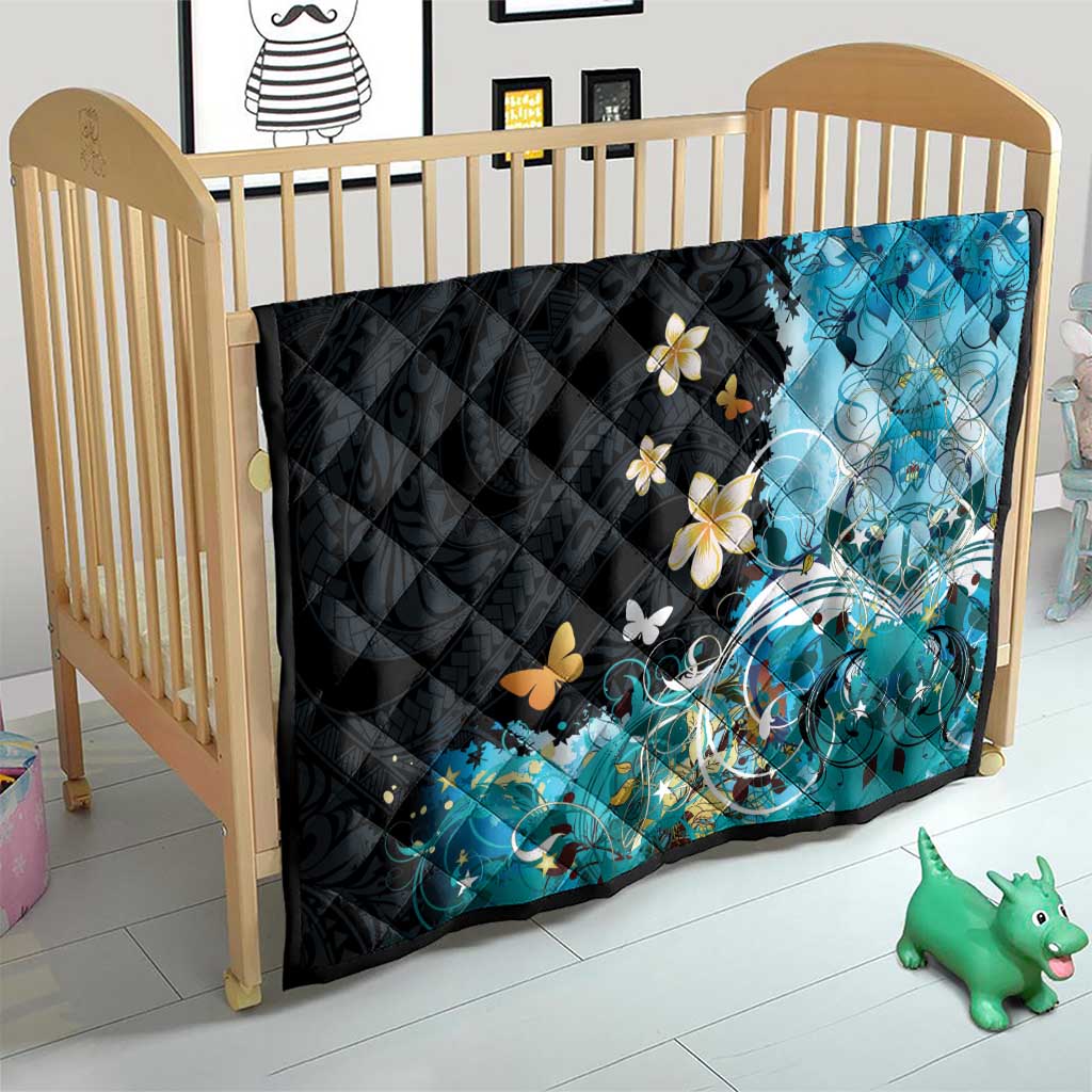 Blue Grunge Polynesian Pattern Quilt Plumeria Floral