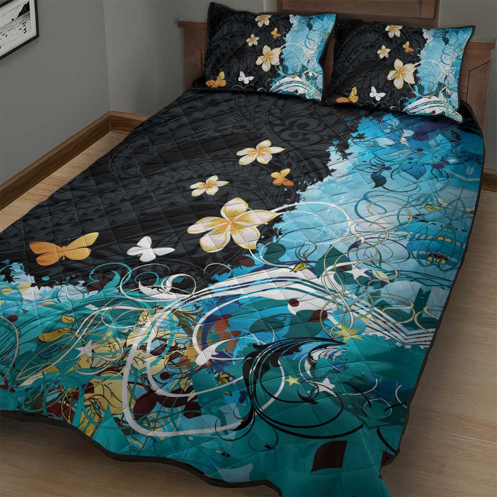 Blue Grunge Polynesian Pattern Quilt Bed Set Plumeria Floral