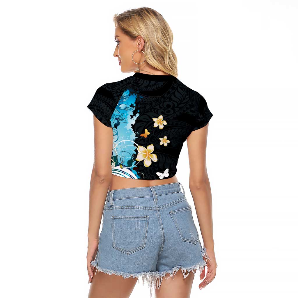 Blue Grunge Polynesian Pattern Raglan Cropped T Shirt Plumeria Floral