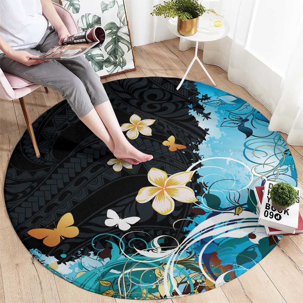 Blue Grunge Polynesian Pattern Round Carpet Plumeria Floral