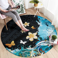 Blue Grunge Polynesian Pattern Round Carpet Plumeria Floral