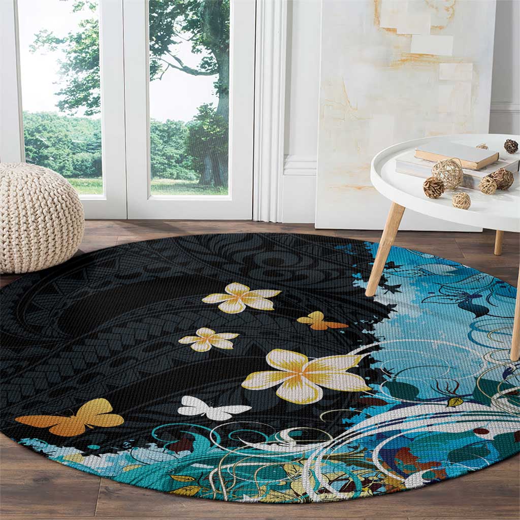 Blue Grunge Polynesian Pattern Round Carpet Plumeria Floral
