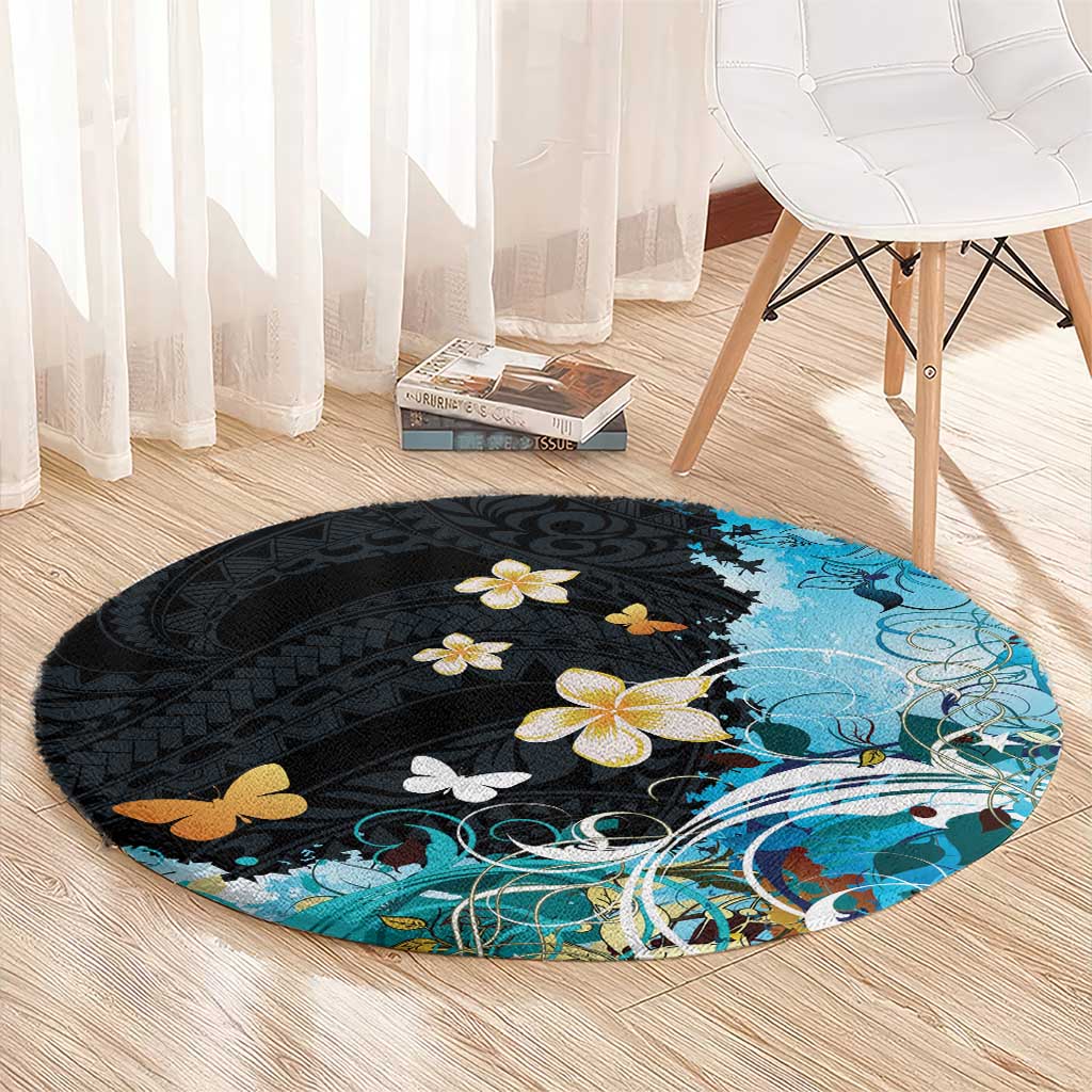 Blue Grunge Polynesian Pattern Round Carpet Plumeria Floral