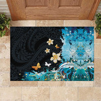 Blue Grunge Polynesian Pattern Rubber Doormat Plumeria Floral