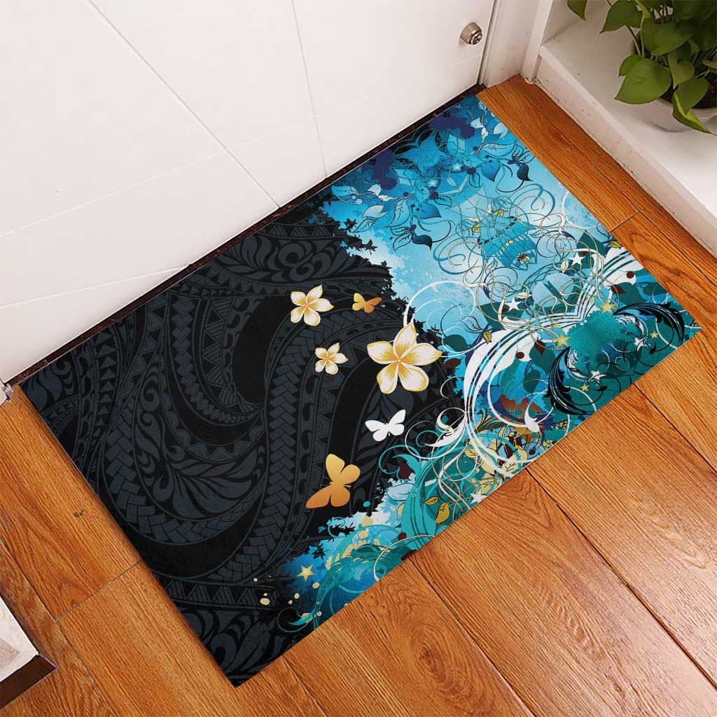 Blue Grunge Polynesian Pattern Rubber Doormat Plumeria Floral