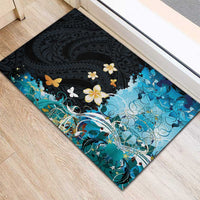 Blue Grunge Polynesian Pattern Rubber Doormat Plumeria Floral