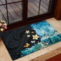 Blue Grunge Polynesian Pattern Rubber Doormat Plumeria Floral