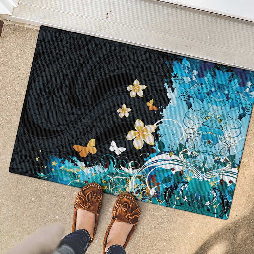 Blue Grunge Polynesian Pattern Rubber Doormat Plumeria Floral