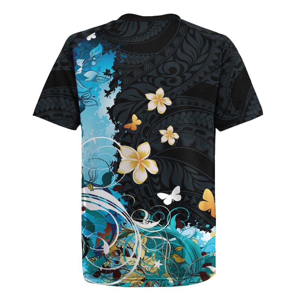 Blue Grunge Polynesian Pattern Rugby Jersey Plumeria Floral LT01 - Polynesian Pride