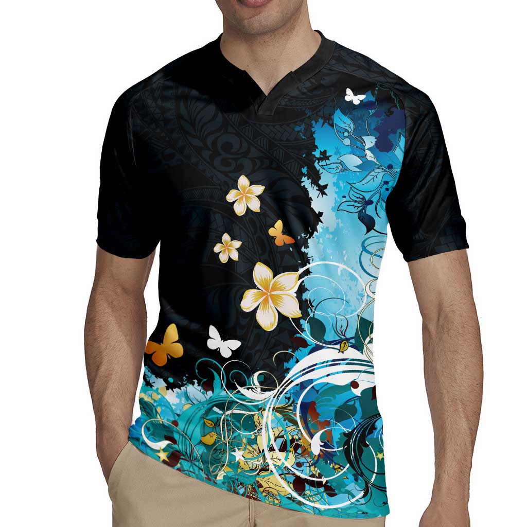 Blue Grunge Polynesian Pattern Rugby Jersey Plumeria Floral LT01 - Polynesian Pride