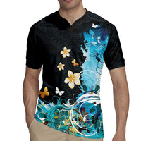 Blue Grunge Polynesian Pattern Rugby Jersey Plumeria Floral LT01 - Polynesian Pride
