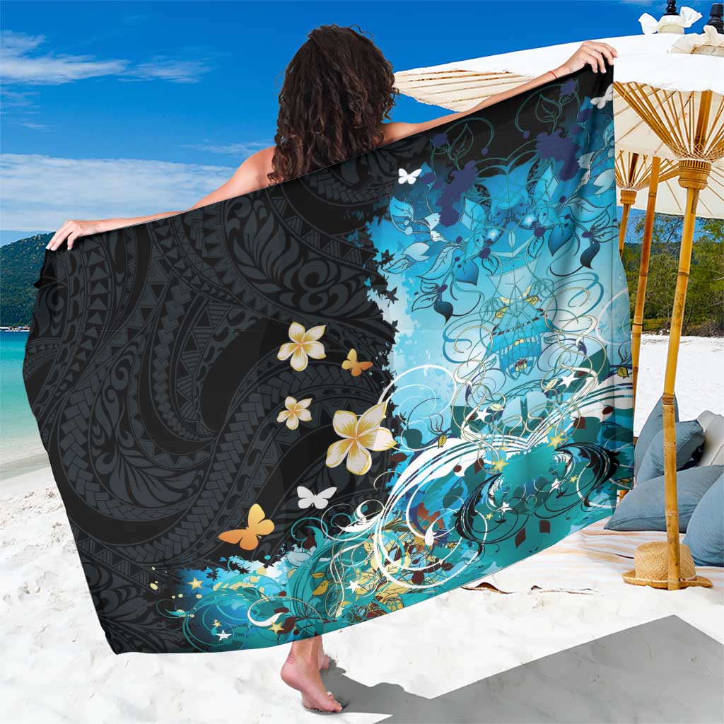 Blue Grunge Polynesian Pattern Sarong Plumeria Floral