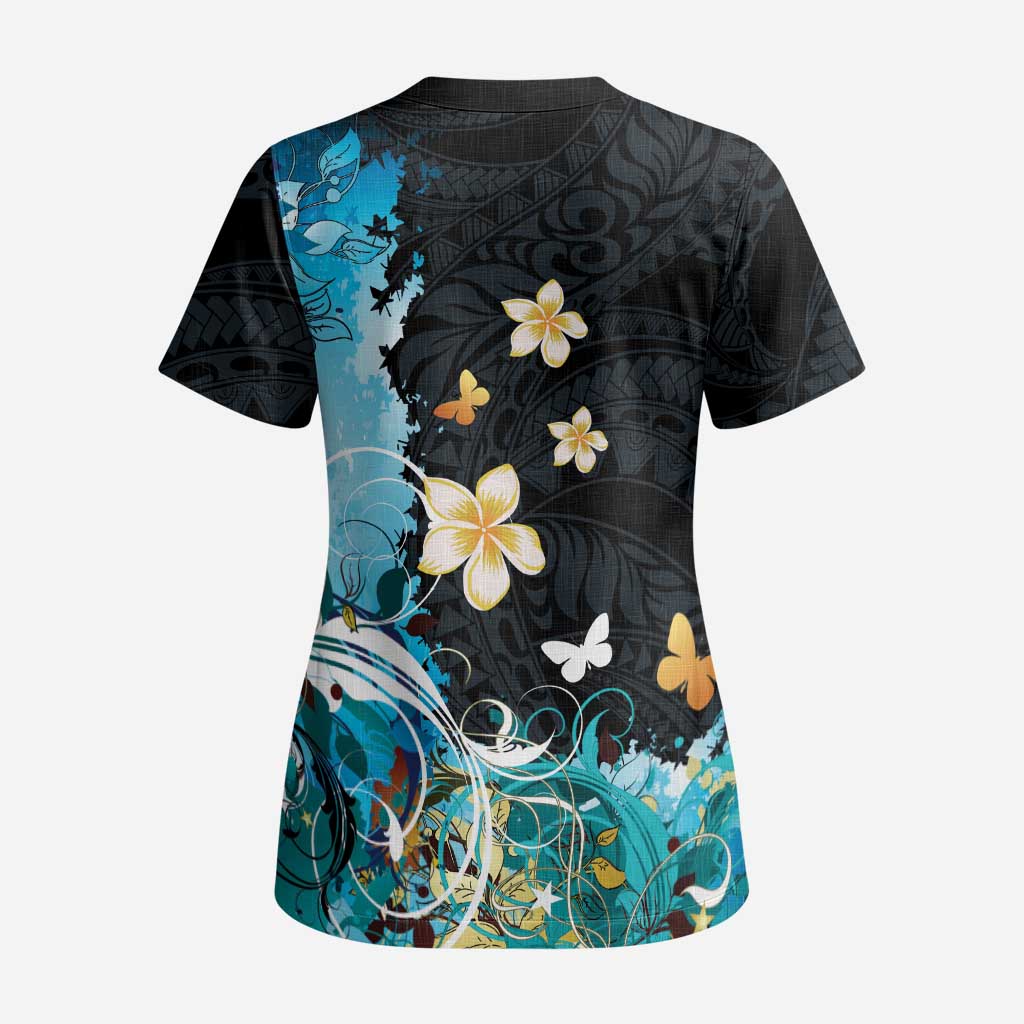 Blue Grunge Polynesian Pattern Scrub Top Plumeria Floral LT01 - Polynesian Pride