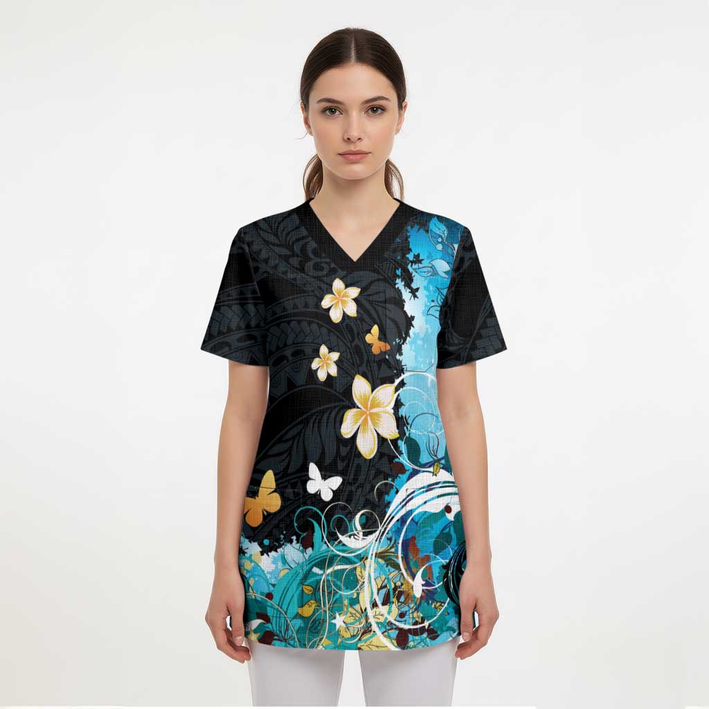 Blue Grunge Polynesian Pattern Scrub Top Plumeria Floral LT01 - Polynesian Pride