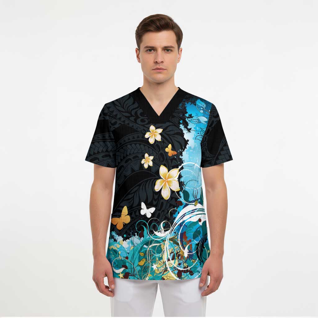 Blue Grunge Polynesian Pattern Scrub Top Plumeria Floral LT01 - Polynesian Pride