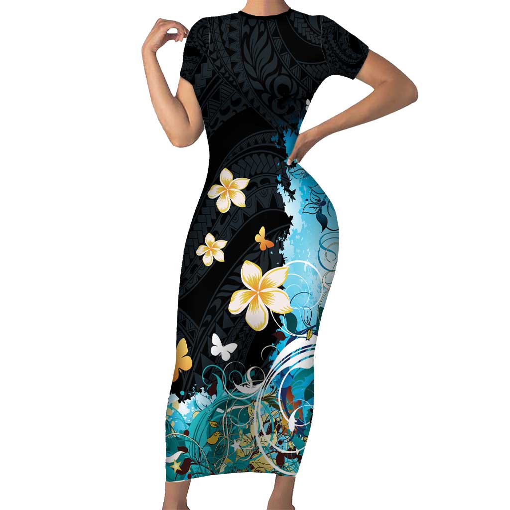 Blue Grunge Polynesian Pattern Short Sleeve Bodycon Dress Plumeria Floral
