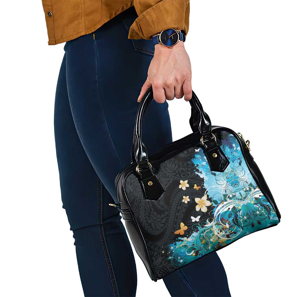 Blue Grunge Polynesian Pattern Shoulder Handbag Plumeria Floral
