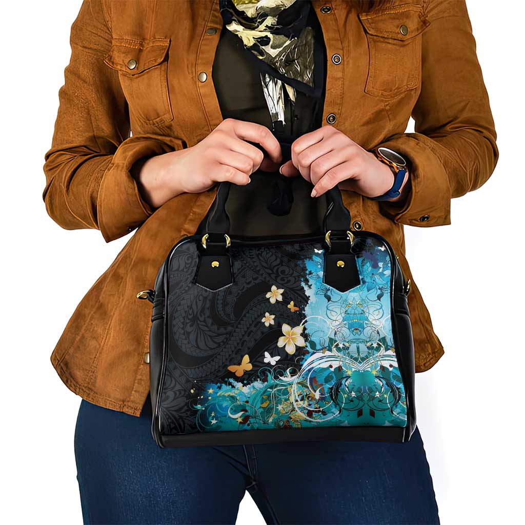 Blue Grunge Polynesian Pattern Shoulder Handbag Plumeria Floral