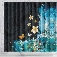 Blue Grunge Polynesian Pattern Shower Curtain Plumeria Floral