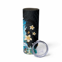 Blue Grunge Polynesian Pattern Skinny Tumbler Plumeria Floral