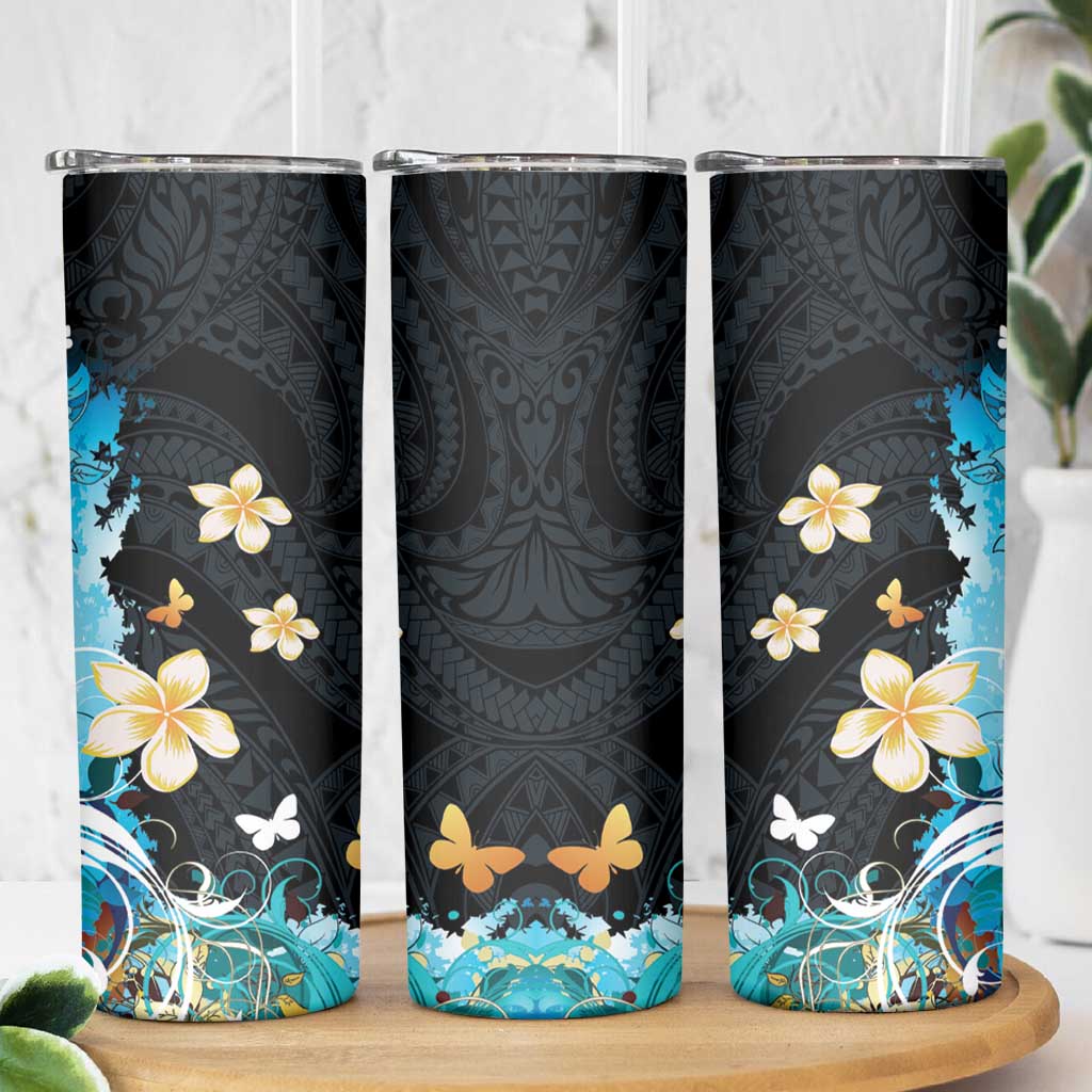 Blue Grunge Polynesian Pattern Skinny Tumbler Plumeria Floral