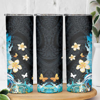 Blue Grunge Polynesian Pattern Skinny Tumbler Plumeria Floral