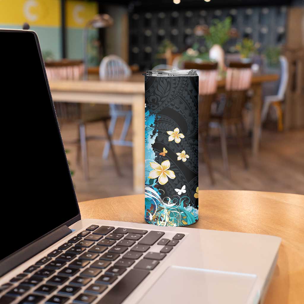 Blue Grunge Polynesian Pattern Skinny Tumbler Plumeria Floral