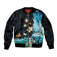 Blue Grunge Polynesian Pattern Sleeve Zip Bomber Jacket Plumeria Floral