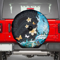 Blue Grunge Polynesian Pattern Spare Tire Cover Plumeria Floral