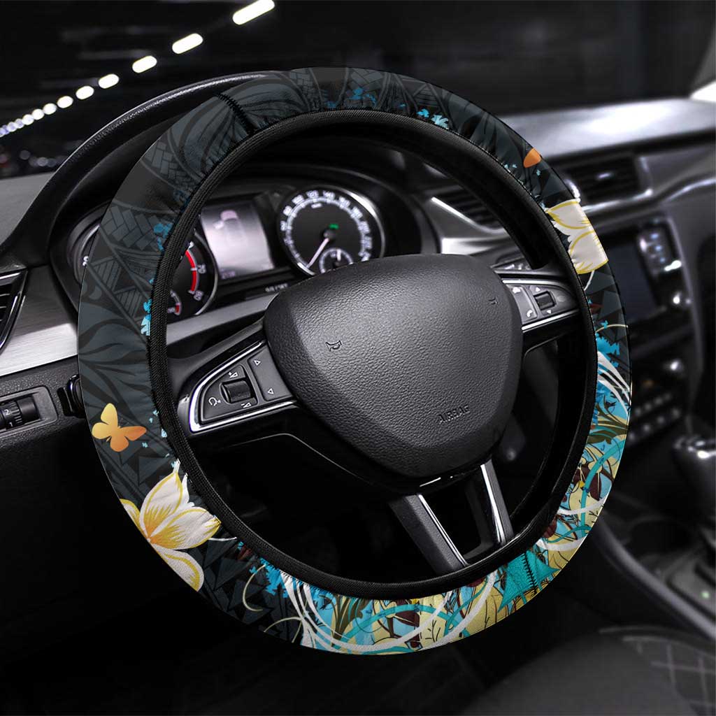 Blue Grunge Polynesian Pattern Steering Wheel Cover Plumeria Floral LT01 Universal Fit Blue - Polynesian Pride