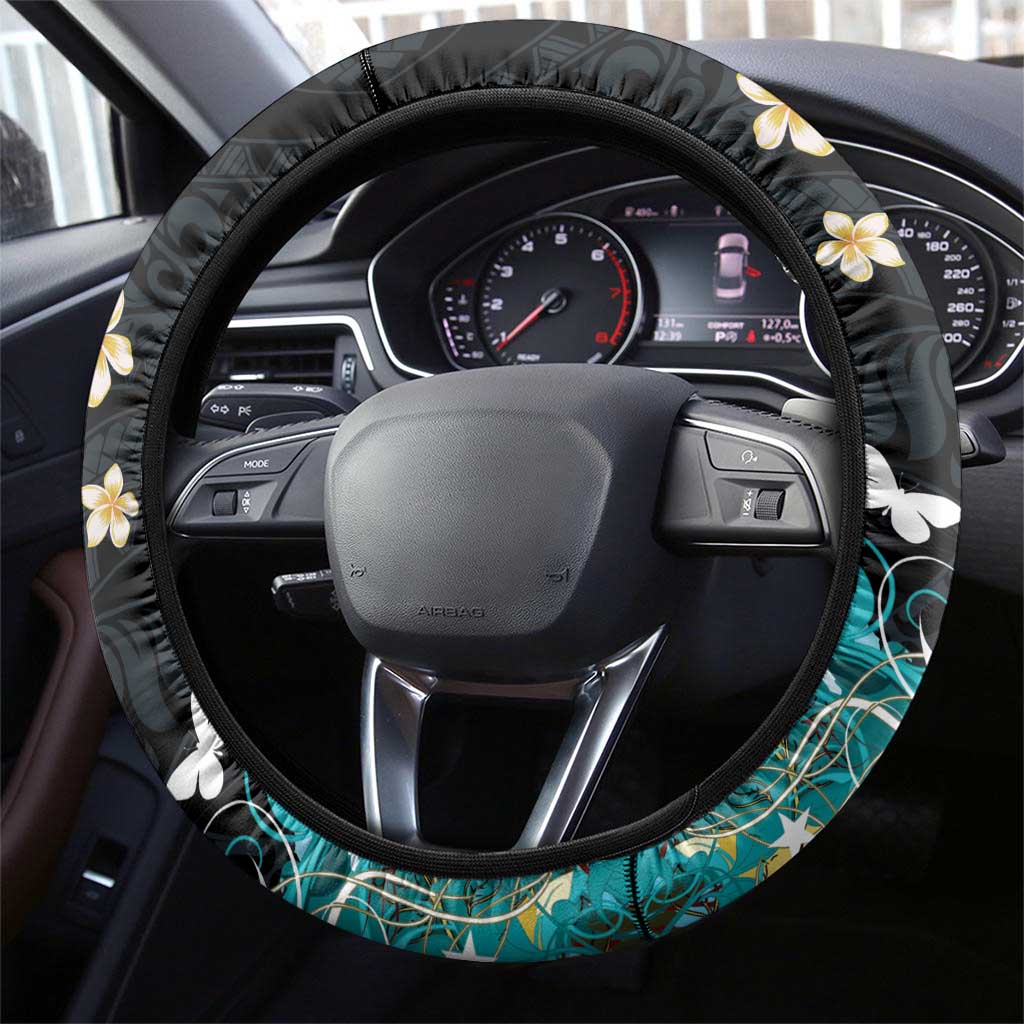 Blue Grunge Polynesian Pattern Steering Wheel Cover Plumeria Floral LT01 - Polynesian Pride