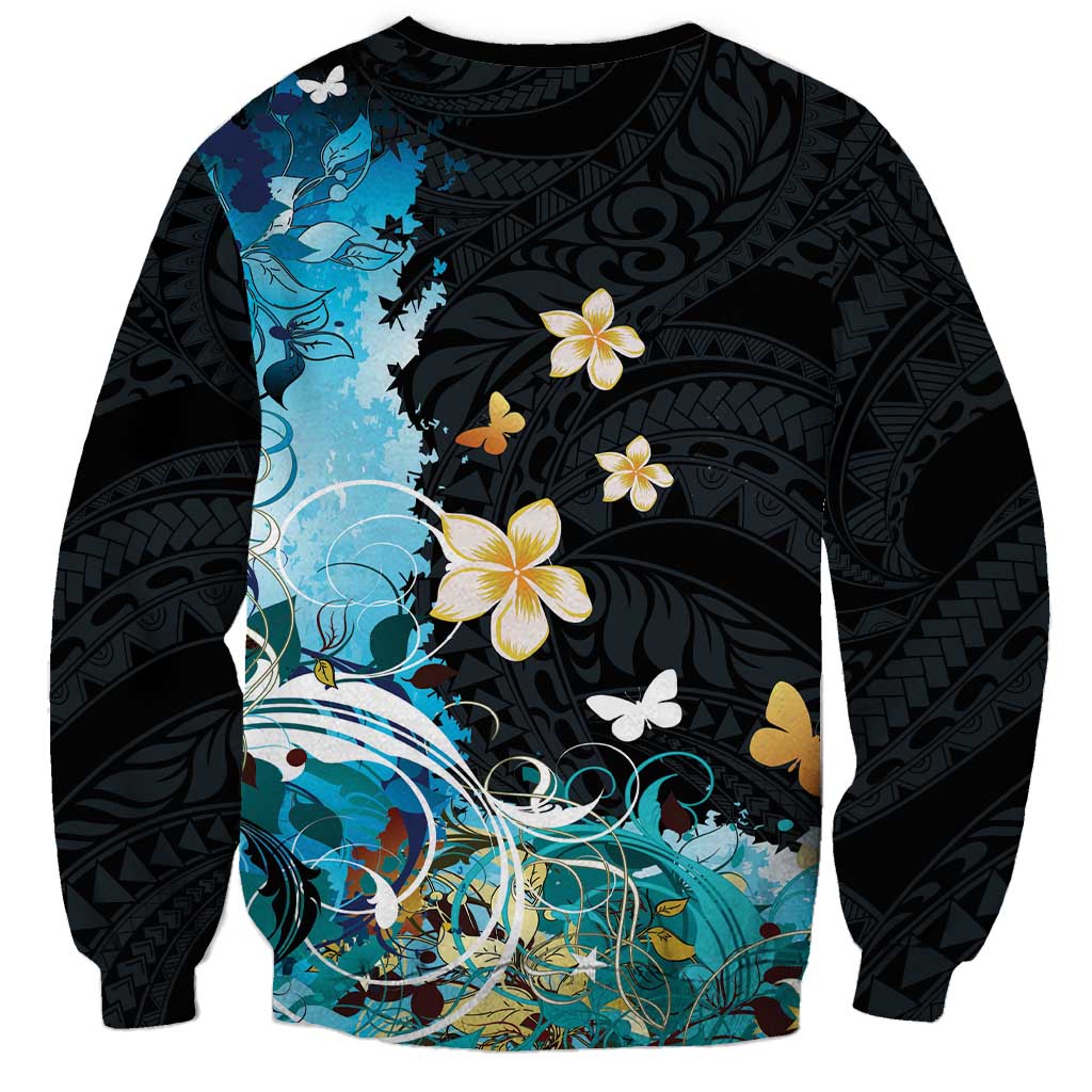 Blue Grunge Polynesian Pattern Sweatshirt Plumeria Floral LT01 - Polynesian Pride