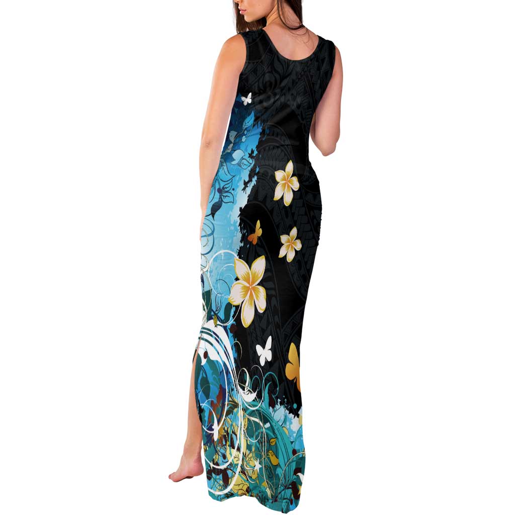 Blue Grunge Polynesian Pattern Tank Maxi Dress Plumeria Floral