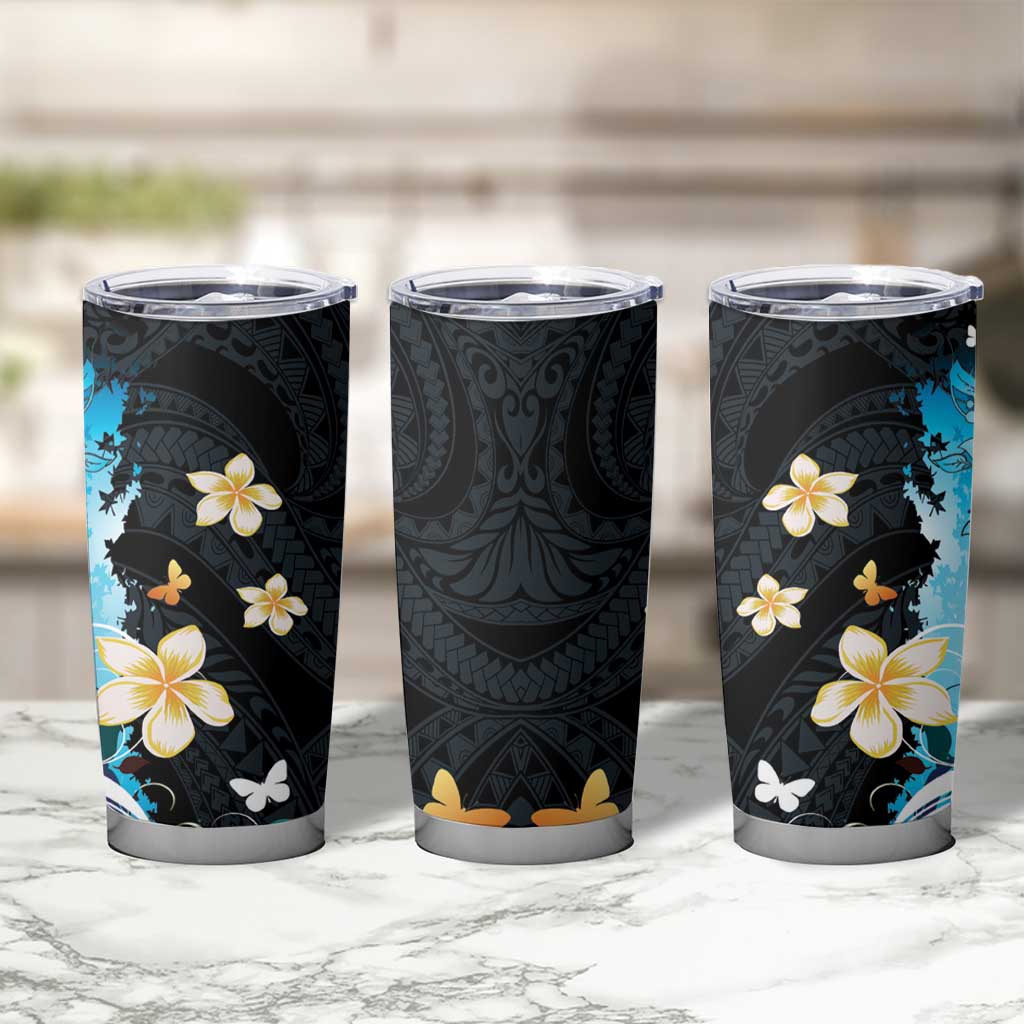 Blue Grunge Polynesian Pattern Tumbler Cup Plumeria Floral