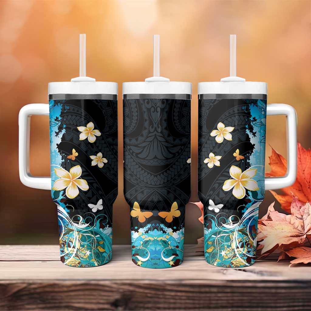Blue Grunge Polynesian Pattern Tumbler With Handle Plumeria Floral