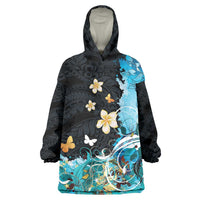 Blue Grunge Polynesian Pattern Wearable Blanket Hoodie Plumeria Floral LT01 One Size Blue - Polynesian Pride