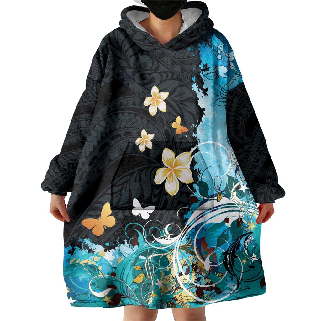 Blue Grunge Polynesian Pattern Wearable Blanket Hoodie Plumeria Floral LT01 - Polynesian Pride