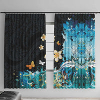 Blue Grunge Polynesian Pattern Window Curtain Plumeria Floral