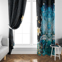 Blue Grunge Polynesian Pattern Window Curtain Plumeria Floral