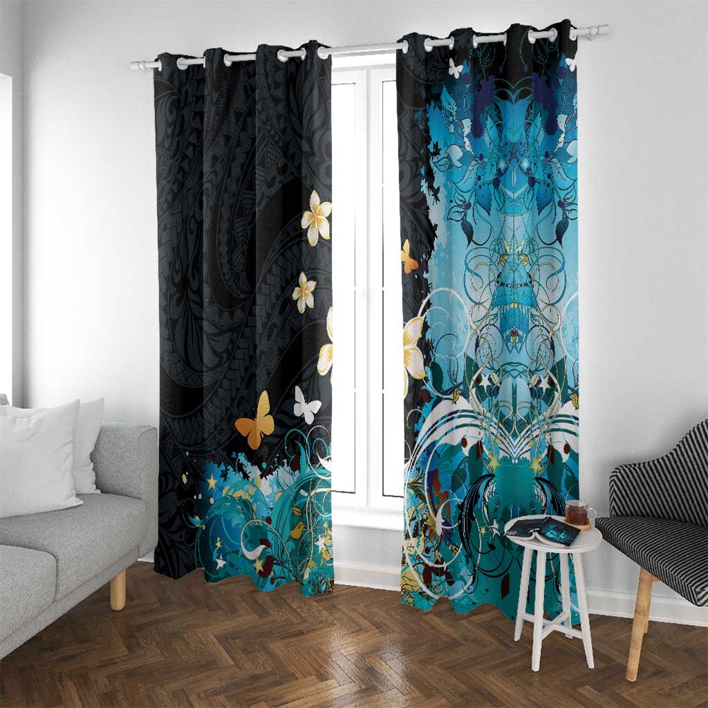 Blue Grunge Polynesian Pattern Window Curtain Plumeria Floral