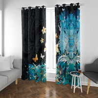 Blue Grunge Polynesian Pattern Window Curtain Plumeria Floral