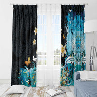 Blue Grunge Polynesian Pattern Window Curtain Plumeria Floral