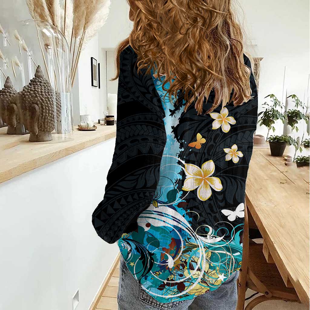 Blue Grunge Polynesian Pattern Women Casual Shirt Plumeria Floral