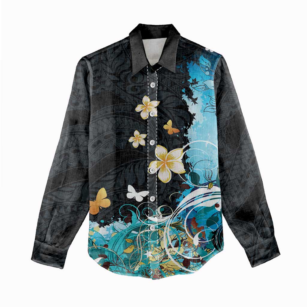Blue Grunge Polynesian Pattern Women Casual Shirt Plumeria Floral