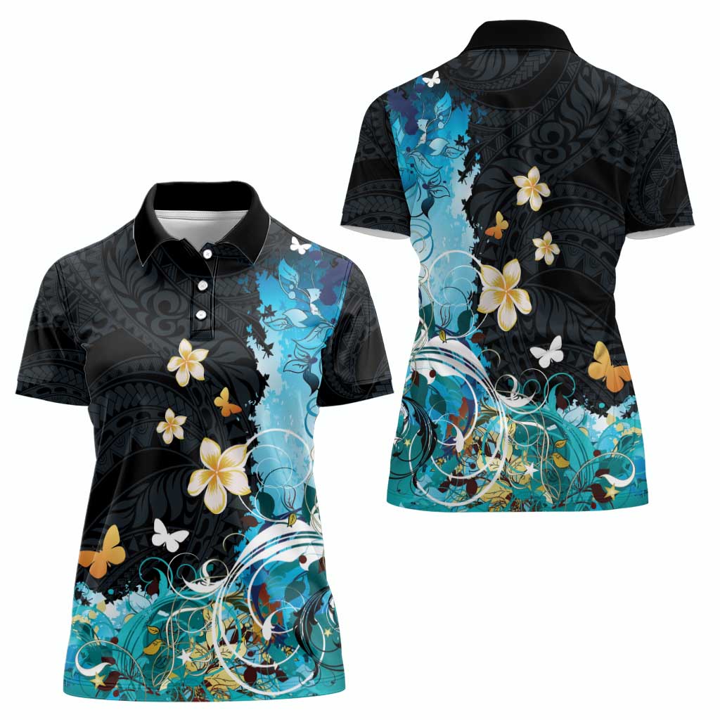 Blue Grunge Polynesian Pattern Women Polo Shirt Plumeria Floral