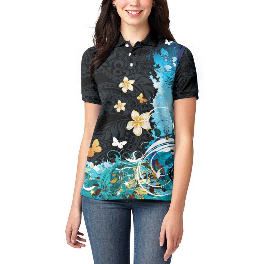 Blue Grunge Polynesian Pattern Women Polo Shirt Plumeria Floral